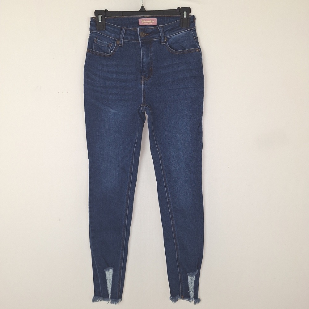 Y2K Edgy Distressed Raw Hem Skinny Jeans Bamboo Dark Wash High Rise Size 5